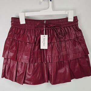 Sewn+Seen burgundy leather ruffle mini skort NWT